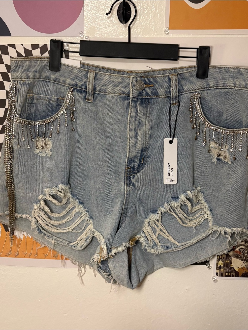 Rue+ Cheeky Jean Rhinestone Fringe Distressed Denim Shorts Size 14 NWT